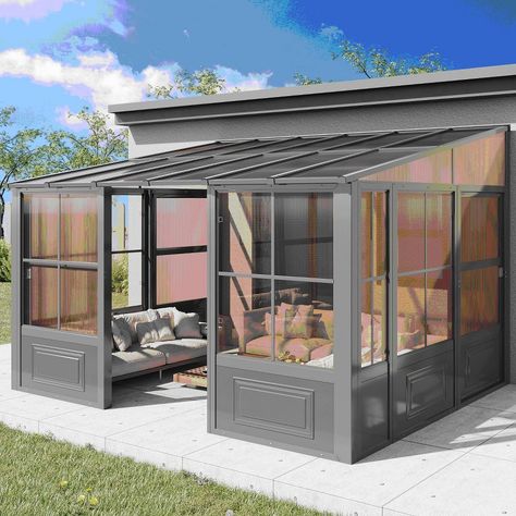 Add fun to your outdoor space with this wall mounted solarium sunroom. This extension will provide you with a space for your beloved family and friends to gather, dine and relax, or it can be the perfect place for your spa. This addition to your outdoor living space will shelter you from the elements for years to come while adding value to your property. The unit can be left in place all year round, saving you the hassle of installing and removing it at the end of the season. Constructed from an aluminium frame, this wall-mounted solarium features elegantly reinforced roof panels and sliding doors. The Richryce solarium has been carefully designed to withstand rain, snow and UV rays. All Season Sunroom, Circle Inspiration, Solarium Room, Enclosed Decks, Closed In Porch, Outdoor Sunroom, Camping Gazebo, Small Sunroom, Gazebo On Deck