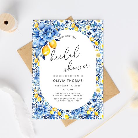 Lemon Bridal Shower Invitation Template, Italian Blue Tiles Bridal Shower Invite, Main Squeeze shower, Kitchen Tea Instant Download Boho Mediterranean, Italian Blue, Mediterranean Summer, Summer Bridal Showers, Main Squeeze, Bridal Shower Invitations Templates, Foil Invitations, Blue Tiles, Bridal Shower Theme