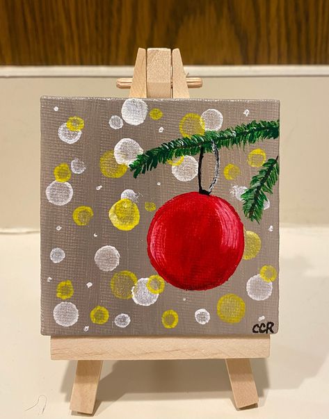 Mini Christmas ornament 3x3 wrapped canvas with mini easel Mini Canvas Christmas Ornaments, Tiny Christmas Paintings, Small Christmas Paintings Mini Canvas, Mini Canvas Art Christmas, Mini Christmas Canvas Paintings, Mini Canvas Christmas Paintings, Tiny Canvas Painting Ideas Easy, Mini Christmas Paintings, Christmas Canvas Art Easy