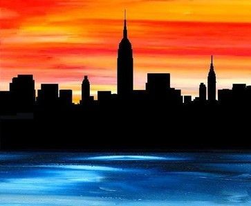 America Painting, Background Inspiration, Skyline Artwork, Sunset Canvas Painting, New York Painting, Desen Realist, Skyline Painting, Creative Juice, Silhouette Painting