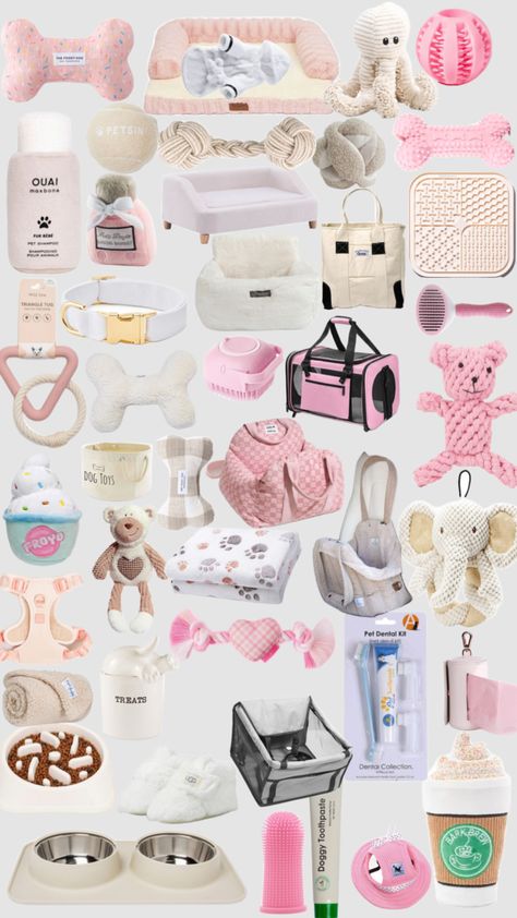 New Puppy Checklist Shopping, First Dog Checklist, Cute Pet Stuff, Puppy Essentials Products, Dog Must Haves Products, Cute Dog Supplies, Dog Care Aesthetic, Pink Dog Aesthetic, Dog Accessories Aesthetic