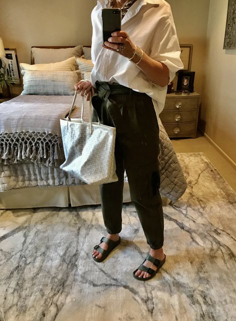 Birkenstock (knockoffs .. Amazon) .. White Goyard Tote .. army green cargo pants .. H&M blouse White Goyard Tote, Goyard Tote Outfit, White Bag Outfit, White Goyard, Army Green Cargo Pants, Goyard Tote, H&m Blouse, Weekend Outfits, Tote Outfit