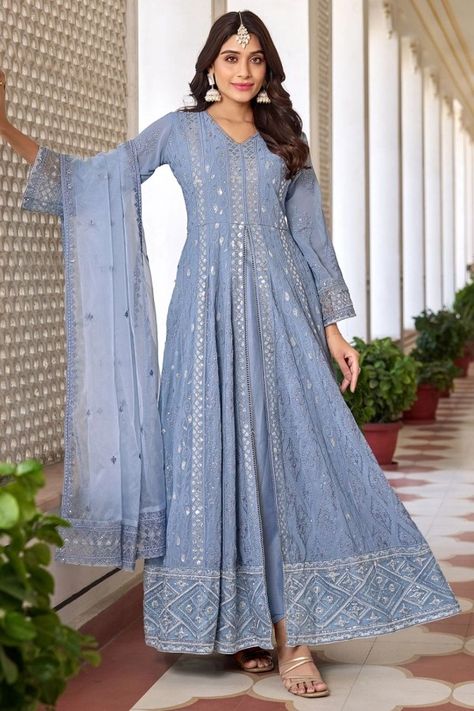 Periwinkle Embroidered Faux Georgette Pant Kameez Anarkali Designs, Celana Fashion, Anarkali Salwar, Salwar Kamiz, Salwar Kameez Online, Anarkali Gown, Elegant Embroidery, Salwar Kameez Designs, Anarkali Suit