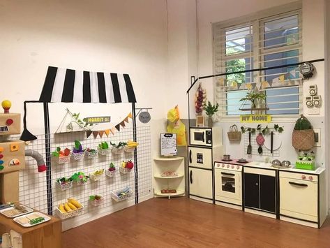 Home Corner Ideas Early Years, Childcare Rooms, Daycare Rooms, Kindergarten Interior, Indoor Playroom, Preschool Rooms, Daycare Room, Dramatic Play Preschool, Classroom Makeover