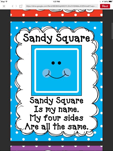 Square song Transition Songs For Preschool, Preschool Poems, Shape Poems, Shape Songs, Preschool Shapes, Color Learning, Shape Activities Preschool, Shapes Kindergarten, Kindergarten Songs