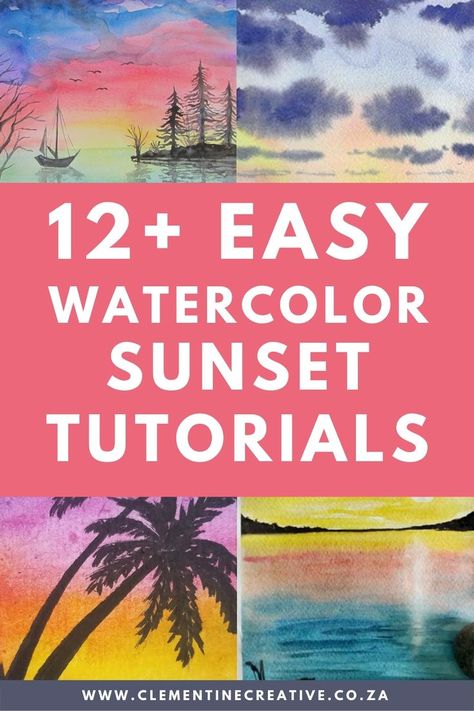 Easy Watercolor Sunset Painting Tutorials and Ideas Painting A Sunset, Watercolor Tutorial Beginner, Watercolor Sunsets, Sunset Painting Easy, Beginning Watercolor, Teaching Watercolor, Watercolor Scenery, Learn Watercolor Painting, Watercolor Beginner