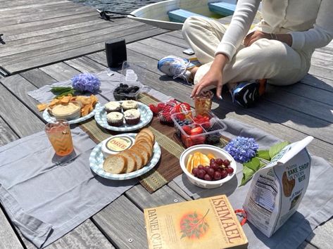 #picnic #dock #lake #aesthetic Table Settings, Lake Picnic, Dock Lake, Lake Aesthetic, Lake Dock, Bake Shop, Lake House, Cheese Board, Random Stuff