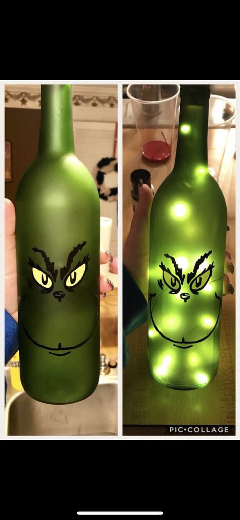 Wine Bottle Crafts Christmas, Diy Wine Bottle, Bottle Projects, Wine Crafts, Wine Bottle Ideas, Bottle Diy Crafts, Grinch Party, Painted Bottles, Christmas Wine Bottles