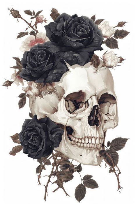 A japanese Skull with black roses art pattern drawing. | premium image by rawpixel.com / Fluke Skull And Flowers Art, Skeleton Art Flowers, Skull Drawings With Flowers, Skull With Leaves, Gothic Flower Drawing, Skull With Flowers Growing Out Of It, Cute Skull Wallpaper, Black Rose Drawing, Skeleton Art Dark