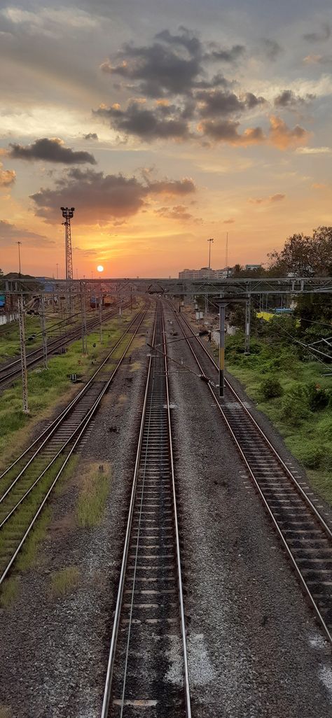 Track during sunset Railway Track Background, Railway Tracks Photography, Railway Station Aesthetic, Railway Wallpaper, Railway Aesthetic, Apocalypse Landscape, Train Wallpaper, Line Animation, The Slums