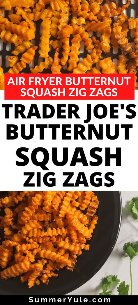 Learn how to cook Trader Joe’s butternut squash zig zags in an air fryer! This Trader Joe’s butternut squash zig zags air fryer recipe is the BEST way to make roasted butternut squash. You’ll love this easy air fryer recipe that works as a side dish, snack, or appetizer. You can even use air fryer butternut squash zig zags as a vegan and gluten free substitute for pasta or fries! #airfryer #vegan #glutenfree #vegetarian #sidedish #lowcalorie Trader Joes Zig Zag Butternut Squash, Trader Joe’s Butternut Squash Zig Zags, Zig Zag Butternut Squash Recipes, Air Fryer Roasted Squash, Air Fried Butternut Squash, Roasted Butternut Squash Air Fryer, Butternut Squash Zig Zags Recipe, Butternut Squash Air Fryer Recipes, Air Fryer Butternut Squash Fries