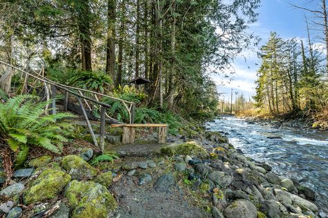 Property Gates, Large Hot Tub, River Retreat, Hot Tub Cover, Cascade Mountains, River Bank, Tree Line, Rural Area, Back Patio