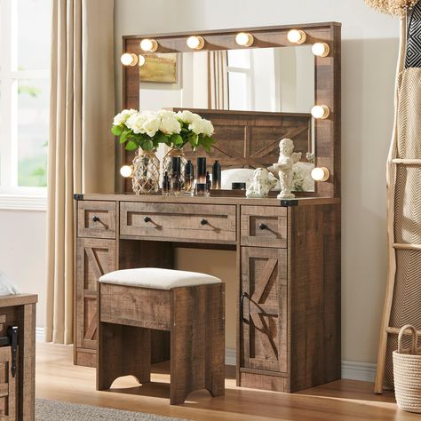 PRICES MAY VARY. Farmhouse Make up Vanity Table with Barn Doors: Designed blends farmhouse elements with a modern look, smooth lines, and classic colors scheme add a stylish touch to the rustic farmhouse. With 36''W x 24''H Spacious Aesthetics Mirror. Stool size: 16.5"W x 11"D x 17"H, Material: upholstered. Powerful Storage Capacity: Contains 3 drawers, and 2 side cabinets, make vanities have ample storage for your makeup, hair tools, cosmetics, and jewelry, get rid of messy desktops. 2 Drawers’ Makeup Vanity From Old Dresser, Boho Vanity Ideas, Western Vanity, Vanity Ideas Diy, Aesthetics Mirror, Farmhouse Makeup Vanity, Bedroom Stool, White Vanity Table, Vanity Desk With Mirror