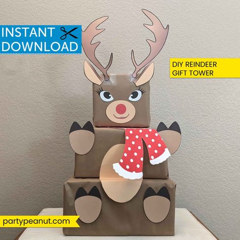 Reindeer Gift Tower, Christmas Gift Template, Reindeer Template, Baseball Party Invitations, Paper Reindeer, Candy Bag Favors, Gift Box Christmas, Gift Towers, Reindeer Gifts