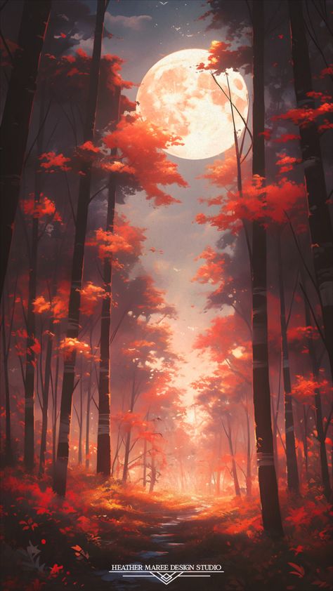 Experience the enchantment of autumn nights with this mesmerizing painting. Bathed in the silvery glow of a full moon, the forest comes alive with fiery orange leaves, creating a captivating scene that's perfect for your fall wallpaper, lock screen wallpaper, or Halloween wallpaper. Immerse yourself in the fall aesthetic as you explore the depths of this magical forest under the moon's radiant embrace | Autumn Nights | Fall Aesthetic  | Moonlit Forest | Halloween Wallpaper Backgrounds Orange Aesthetic, Orange Canopy, Full Moon Light, Forest Halloween, Wallpaper Lock Screen Wallpaper, Wallpaper Lock Screen, Monster High Art, Fall Background, Magic Forest