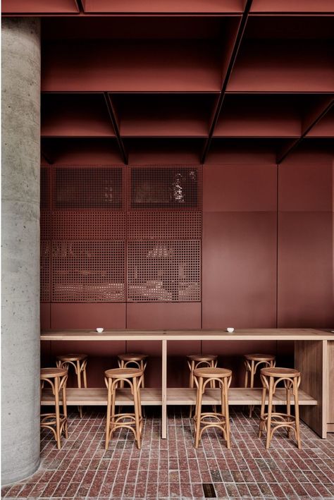 Bentwood Cafe by Ritz & Ghougassian, burgundy walls, apple red, brown red, dark red, pantone spiced apple, russet red, reddish brown Cafe Melbourne, Melbourne Cafe, Lake House Interior, Design Café, Interior Design Awards, 카페 인테리어 디자인, Commercial Interior Design, Hospitality Design, Brickwork