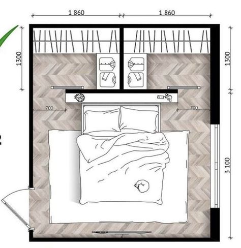 3m X 3m Bedroom Layout, Small Bedroom With Bathroom, Closet Behind Bed Layout, Closet Behind Bed, Master Suite Floor Plan, Barndominium Interior, Bedroom Built In Wardrobe, Small Cottage Homes, Comfy Bedroom