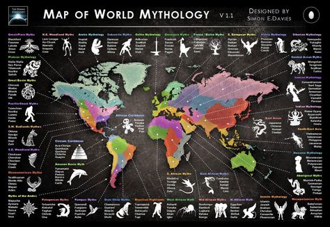 The Map of World Mythology, by Simon E. Davies, shows who believes what across the world. Check it out for a tour through the human imagination! Map Of World, Darkest Academia, Delta Green, هاكونا ماتاتا, World Mythology, College Board, Celtic Mythology, Remote Sensing, Mythological Creatures