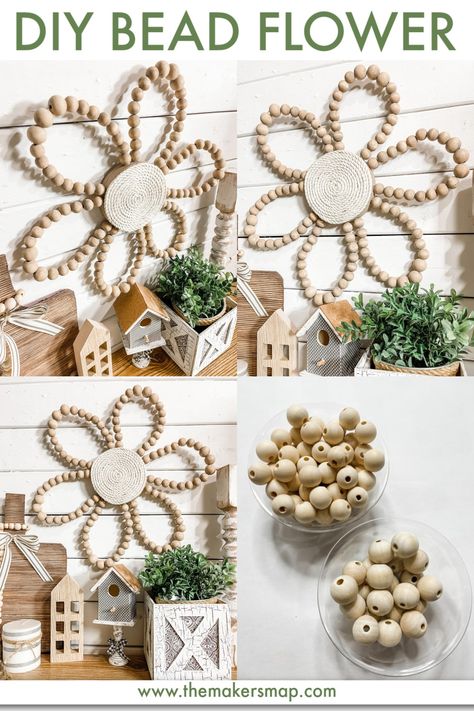 Wood Bead Flower - Neutral Home Decor Crafts With Wood Beads, Wooden Beads Home Decor, Beads Home Decor, Diy Fleur, Wood Beads Diy, Circle Crafts, Bead Crafts Diy, Budget Crafts, Bead Flower