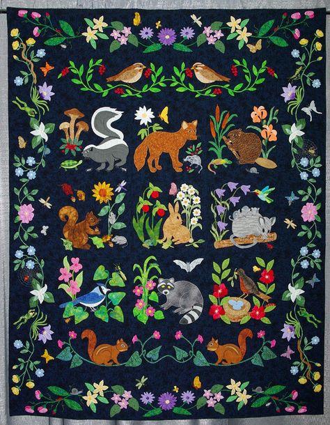 Woodland Creatures by Ingrid Fullard - from pattern by Rosemary ? Saint Cloud Minnesota, Edina Minnesota, Wool Applique Quilts, Woodland Quilt, Wool Quilts, Picture Quilts, Applique Quilting, Animal Quilts, Wool Projects