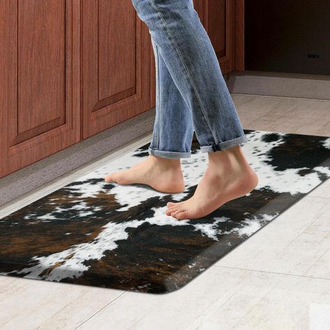 PRICES MAY VARY. Anti-Fatigue Mats for Floor ONE PIECE: Classic eye-catching western cow pattern farmhouse design anti-fatigue padded rubber kitchen floor mats set contains 1 rectangular mat(17.3 x 28 inches). This kitchen comfort mat features a stylish blend of rustic charm and contemporary design. Embrace the unique character of your space with this decorative accent. Memory Foam Comfort Standing Mat: 1/2 Inch(12mm) thickness PVC ergonomic foam cushioned anti-fatigue cowhide kitchen mat, provi Cowhide Kitchen, Rubber Flooring Kitchen, Rubber Kitchen Mats, Western Kitchen Decor, Cow Kitchen Decor, Cow Kitchen, Standing Desk Ergonomics, Western Kitchen, Anti Fatigue Kitchen Mats