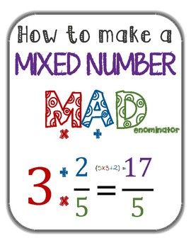 8.5" x 11" pdf that can be printed in poster size. Make the mixed number MAD and help students remember the rules for converting a mixed number to an improper fraction. Mixed Number To Improper Fraction, Fraction Anchor Chart, Fractions Anchor Chart, Teaching Math Strategies, Math Charts, Mixed Numbers, Learning Mathematics, Math Tutorials, Math Intervention