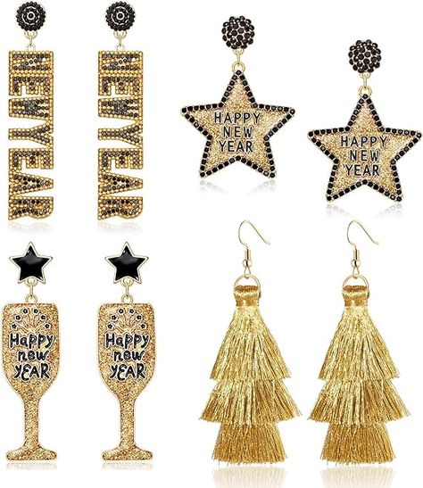 Get into spirit this holiday season with our adorable New Years earrings!A set of 4 new years eve earrings,Including Happy New Year letter earrings,New year star earrings,glitter champagne earrings and gold tassel earrings.Each features a festive design and seasonal styles,adding a little sparkle yet alluring element to your New Year's Eve costume outfits. New Years Eve Earrings, New Years Earrings, Beaded Bunny, New Year Letter, Happy New Year Letter, Eve Costume, Christmas Tree Snowflake, Champagne Earrings, Glitter Champagne