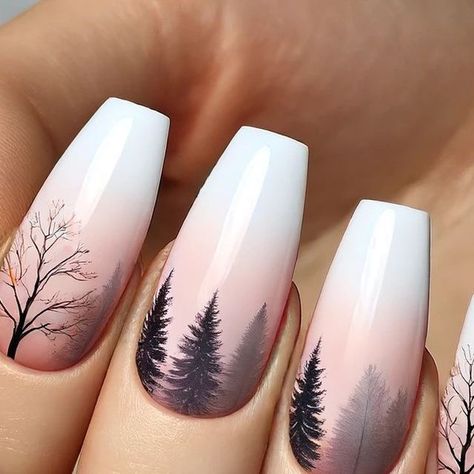 Tamara Margaryan on Instagram: "Nature-Inspired Nail Art 🌿✨  Check out this stunning nature-inspired nail art! 🌳🌸 The beautiful blend of trees and subtle profiles creates a dreamy, ethereal effect on a soft pink and white gradient. Perfect for anyone who loves unique and artistic nail designs. 💅💕  #nailart #naturenails💅 #doubleexposure #naildesign" Nails Acrylic Winter Colors, Mountain Wedding Nails, Alaska Inspired Nails, Glass Looking Nails, Fall Tree Nail Designs, Nature Nail Ideas, Nature Nails Acrylic, Mountain Vacation Nails, Hard Nails Designs