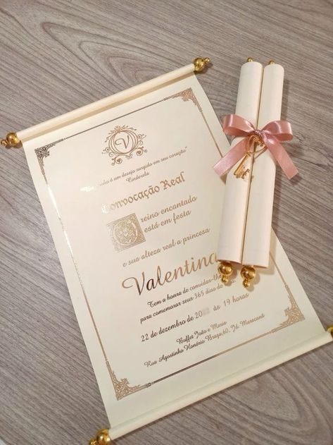 Scroll Quince Invitations, Rolled Up Quince Invitations, Cute Invitation Ideas For 15, Aesthetic Quince Invitations, 15 Cards Invitations, Invitation Ideas For Quinceanera, Cute Quince Invitations, Pink 15 Invitations, Invation Cards Quince