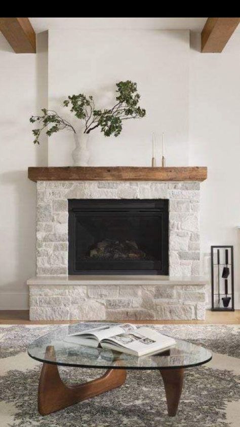 Fireplace Mantle On Stone Wall, Fireplace Whitewash, Bungalow Fireplace, Black Tile Fireplace, White Stone Fireplaces, Fireplace Styles, Fireplace Area, Wood Mantle Fireplace, Fireplace Tv Wall Decor