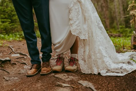 Hiking Wedding Boots, Hiking Boots Under Wedding Dress, Wedding Dresses With Hiking Boots, Hiking Boots With Wedding Dress, Hiking Boots And Wedding Dress, Boho Mountain Elopement, Bridal Hiking Boots, Bride Hiking Boots, Mountain Elopement Shoes