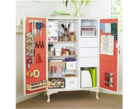 Turn an armoire into a craft station Small Craft Rooms, Projek Menjahit, Craft Cupboard, Dream Craft Room, Studio Organization, Craft Room Storage, Craft Room Office, Sewing Rooms, Craft Room Organization