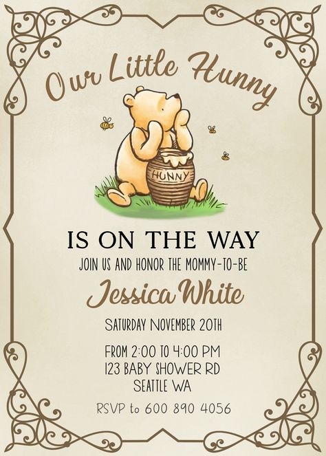 Pooh Bear Baby Shower Invitations, Winnie The Poo Gender Revel, Winnie The Pooh Mommy To Be Pins, Winne The Pooh Baby Shower Invitation, Pooh Bear Themed Baby Shower Ideas, Little Bear Baby Shower Ideas, Baby Shower Theme Winnie The Pooh, Winnie The Pooh Baby Shower Invites, A Little Hunny Is On The Way