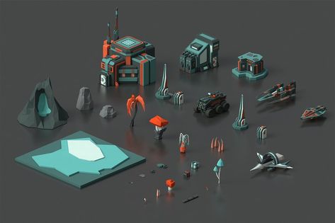 Low Poly Spaceship, Low Poly Sci Fi, Violet Landscape, Space Forest, Dark Dungeon, Red Alien, Space Environment, Alien Plants, Sci Fi Props