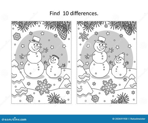 Two Snowmen Find The Differences Picture Puzzle And Coloring Page Stock image and visual related images Hidden Pictures Printables, Christmas Activity Book, Picture Puzzle, Holiday Puzzle, Christmas Puzzle, Christmas Cover, Hidden Pictures, Christmas School, Picture Puzzles