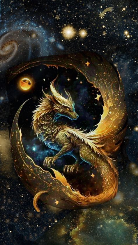 celestial guardian #dragon #galaxy # stars #nightsky #fantasy Cool Dragon Pictures, Yin Yang Tattoos, Dragon Dreaming, Dragon Artwork Fantasy, Dragon Decor, Golden Dragon, Dragon Illustration, Beautiful Dragon, Cute Fantasy Creatures