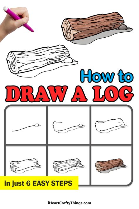 Drawing Ideas Forest Easy, How To Draw A Log, How To Draw A Cabin Step By Step, How To Draw Tree Branches Step By Step, How To Draw A River Step By Step, Log Drawing, Draw Objects, Beginner Drawing, Beginner Drawing Lessons