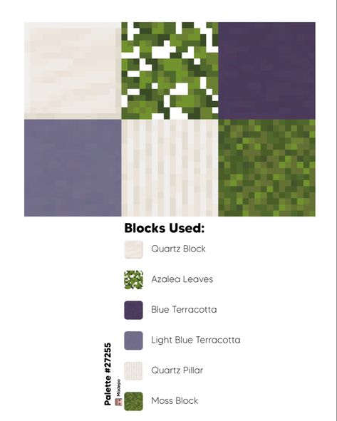 Minecraft block palette 27255 using quartz block, quartz pillar, azalea leaves, blue terracotta, light blue terracotta, and moss block. #minecraft #mcyt #aesthetic #tiktok #minecraftaesthetic #minecraftbuildingideas #minecraftbuild #color #colorpallete #palette #videogames #gamer How To Make Terracotta Minecraft, Mud Block Houses Minecraft, Minecraft 1.20 Palette, Quartz Pillar Minecraft, Minecraft Block Palette Quartz, Minecraft Japanese Block Palette, Acacia Block Pallet Minecraft, Minecraft Colors Palette, Minecraft Block Palette Birch