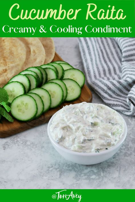 Cucumber Indian Recipes, Indian Food Recipes Cucumber, Indian Food Sides Dishes, Indian Raita Yogurt Sauce, Indian Food Appetizers Easy Recipes, Indian Yoghurt Sauce, Indian Sauces Yogurt, Indian Cucumber Raita, Cucumber Recipes Indian