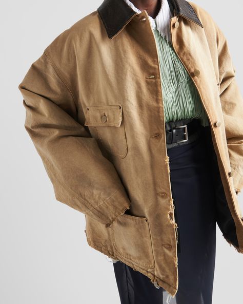 Beige Canvas jacket | PRADA Carhartt Detroit Jacket, Prada Jacket, Jacket Outfit Women, Worker Jacket, Distressed Jacket, Canvas Jacket, Satin Jackets, Triangle Logo, Leather Collar