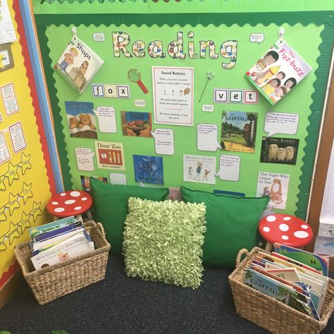 Reading display Reception Reading Corner, Ks1 Reading Area, Primary School Reading Corner, Reception Book Corner, Year 1 Reading Area, Ks1 Reading Corner, Reading Display Eyfs, Reading Garden Classroom, Reading Area Eyfs