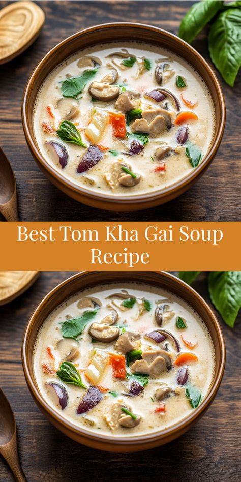 Discover the best Tom Kha Gai soup recipe! A delicious blend of coconut milk, chicken, and Thai herbs for a comforting and flavorful soup. Tom Kha Gha, Coconut Milk Soup Recipes, Thom Ka Soup, Coconut Soup Thai, Thom Kha Soup, Tom Ka Soup, Tom Kha Soup Vegetarian, Chicken Tom Kha Soup, Tom Kha Soup Recipe