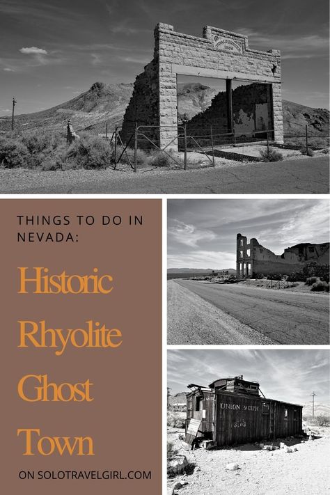 One of the cool things to do in Nevada is visiting historic Rhyolite, a ghost town. Complete with building ruins and a bottle house! Ghost Towns In Nevada, Building Ruins, Nevada Ghost Towns, Rhyolite Ghost Town, Eclectic Artwork, Bottle House, Nevada Travel, Cool Things To Do, Travel Girl