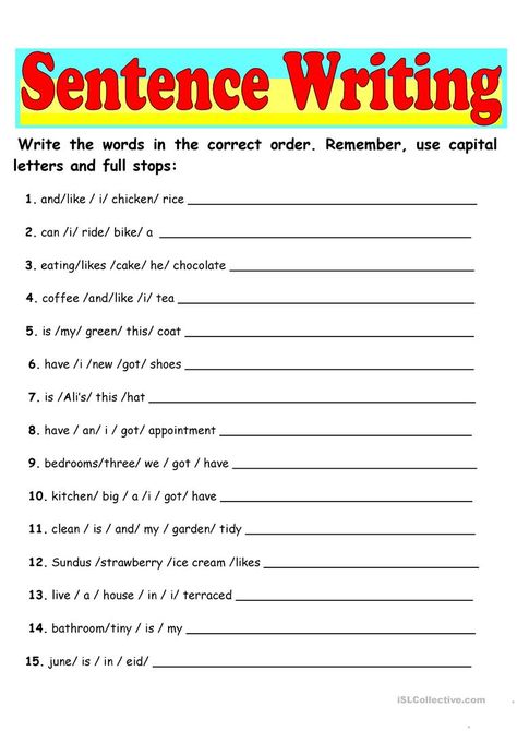 Sentence Writing - English ESL Worksheets for distance learning and physical classrooms English Writing Skills Worksheets, Writing Skills Worksheets, Unscramble Sentences, Improve English Writing Skills, Paragraph Worksheets, Improve English Writing, Writing Sentences Worksheets, Vocabulary Sentences, Writing Complete Sentences