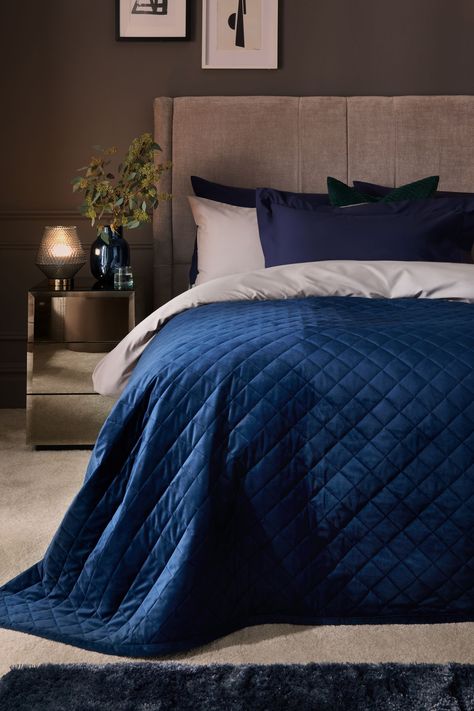 Buy Navy Blue Hamilton Velvet Quilted Bedspread from the Next UK online shop Bedspreads Blue, Navy Blue Bedspread, Bedroom Ideas Couples, Navy Blue Bed, Target Aesthetic, Navy Bedspread, Navy Bedroom, Blue Bedspread, Navy Bedrooms