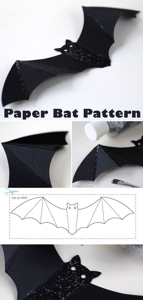 Wall of Paper Bats Tutorial & Pattern Paper Bats Hanging From Ceiling, Construction Paper Bats Halloween Crafts, Diy Paper Bats Template, Gothic Paper Crafts, Hanging Bat Craft, How To Make Paper Bats, Diy Halloween Paper Decorations, Diy Bats For Wall, Paper Bats On Walls