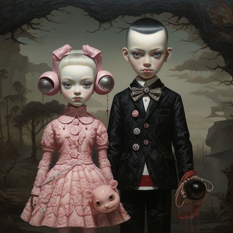 impeccable dressed, with some mighty fine hair rolls, surreal lowbrow art. Art Macabre, Meaningful Paintings, Interesting Creatures, Creepy Toys, Surealism Art, Beautiful Mugs, Strawberry Moon, Surrealism Art, Gothic Fantasy Art