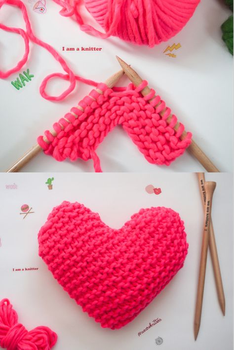 Valentine’s Day knitting project We Are Knitters Happy Cushion Valentine Day Knitting, How To Knit Hearts, Valentine’s Day Knitting Patterns, Knitting Valentines Day, Knitting A Heart, Small Knitted Heart Free Pattern, Knitted Hearts Pattern Free Uk, Things To Knit For Your Boyfriend, Valentines Day Knitting