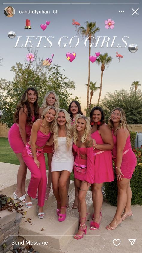 Pink Birthday Theme Outfit, Pink Themed Bachelorette Party Outfits, Dress For Bachelorette Party The Bride, Pink Bride Bachelorette, Bridesmaids Outfits Bachelorette, Bridal Shower Outfit Theme Ideas, Barbie Bach Outfits, Pre Wedding Party Outfit, Bride Wears Pink Bachelorette