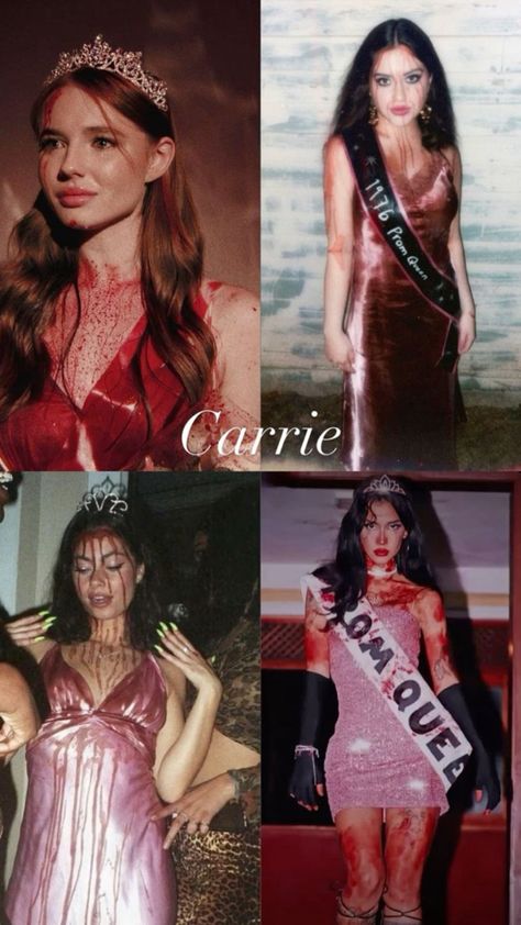 Madison Beer Carrie White, Scary Carrie Costume, Carrie 1976 Costume, Carrie Prom Queen Costume, Halloween Prom Costume Ideas, Carie Hallowen Costume, Movie Character Costumes Brunette, Halloween Costumes County, Cvnty Halloween Costumes